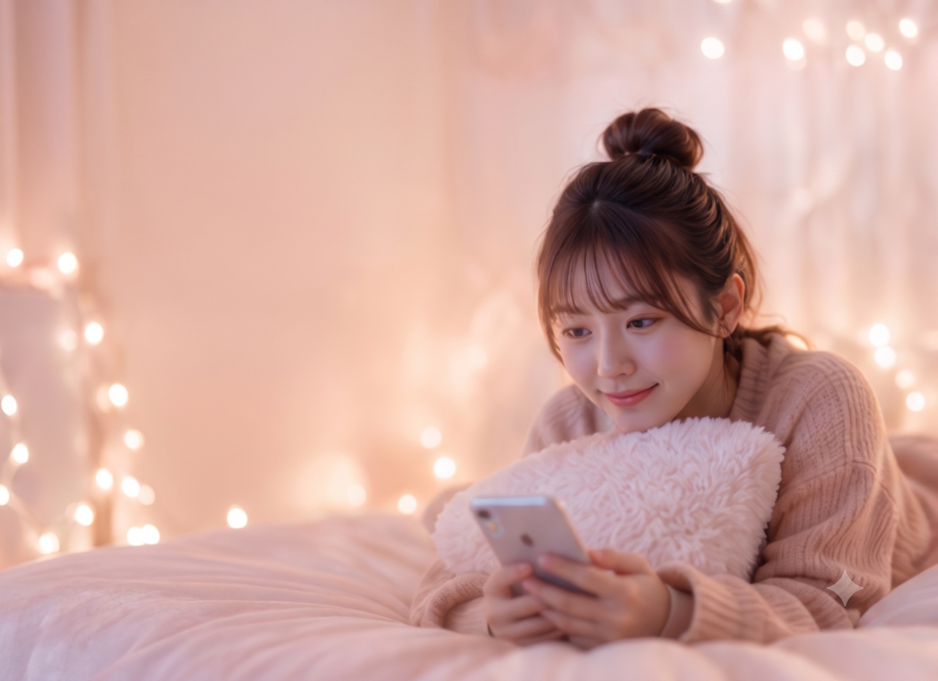 彼氏からのメッセージを見て微笑む女性